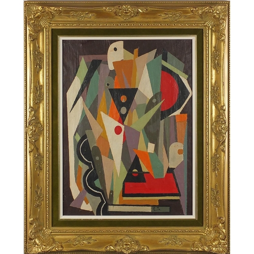 1062 - Abstract composition, geometric shapes, oil on canvas, bearing a monogram E TH, mounted and framed, ... 