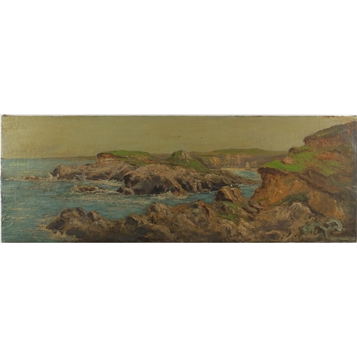 1023 - Cote Bretonne, panoramic rocky coastal scene, oil on canvas laid on wood panel, bearing a indistinct... 