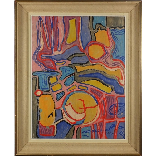 1052 - Abstract composition, oil on canvas, bearing a signature Bram V Veld and label verso, mounted and fr... 