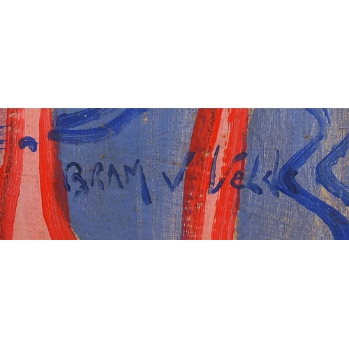 1052 - Abstract composition, oil on canvas, bearing a signature Bram V Veld and label verso, mounted and fr... 