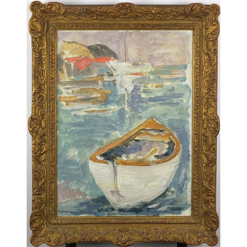 1115 - Boats on calm water, post impressionist oil on canvas board, bearing a signature Rudberg and inscrib... 