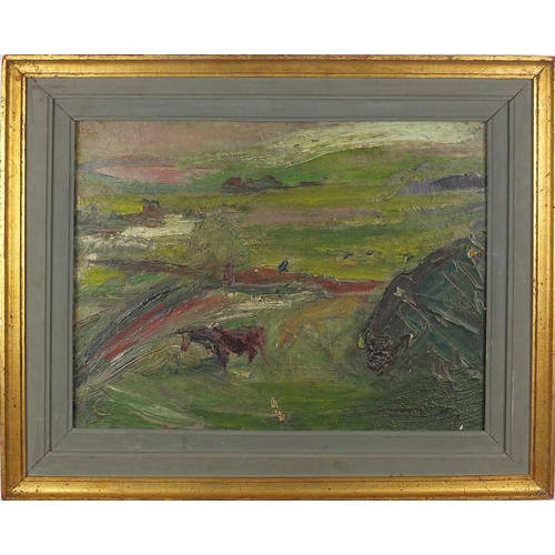 1018 - Abstract composition, farmland with cattle, oil on canvas board, bearing an indistinct signature to ... 