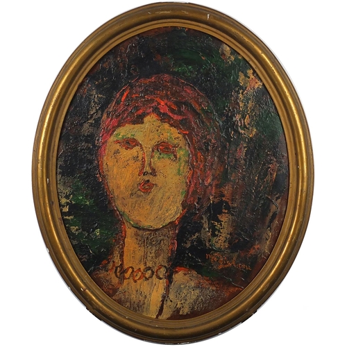 993 - After Amedeo Modigliani  - Abstract composition, head and shoulders portrait of female, oval oil on ... 