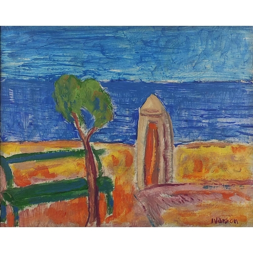1027 - Beach hut by the sea, post impressionist oil on canvas, bearing a signature Ivarson, framed, 31.5cm ... 