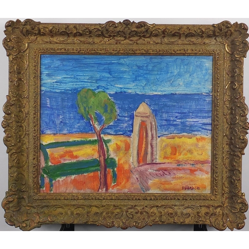 1027 - Beach hut by the sea, post impressionist oil on canvas, bearing a signature Ivarson, framed, 31.5cm ... 