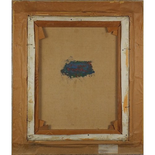 1067 - Abstract composition, oil on canvas, bearing a signature GR and inscription verso, mounted and frame... 