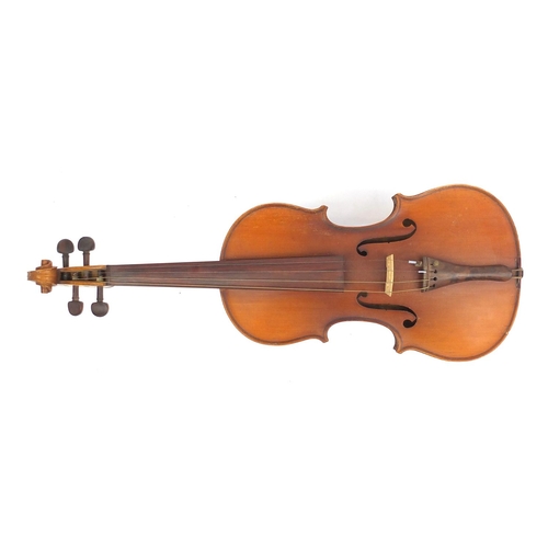 138 - Old wooden violin with scrolled neck, the back 14.5