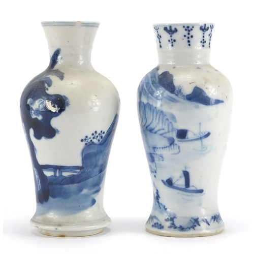 374 - Two Chinese blue and white porcelain baluster vases with flared rims, one hand painted with landscap... 