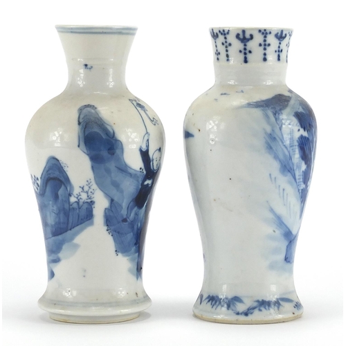 374 - Two Chinese blue and white porcelain baluster vases with flared rims, one hand painted with landscap... 