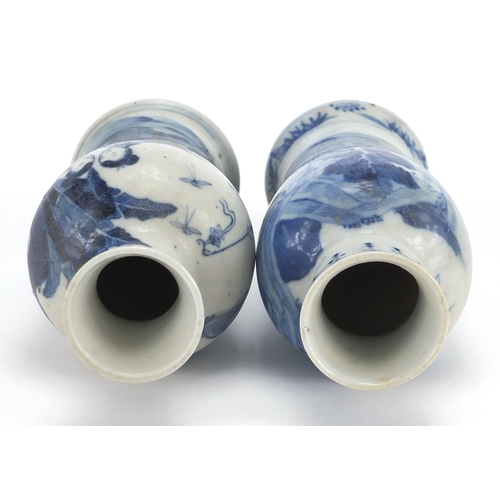 374 - Two Chinese blue and white porcelain baluster vases with flared rims, one hand painted with landscap... 