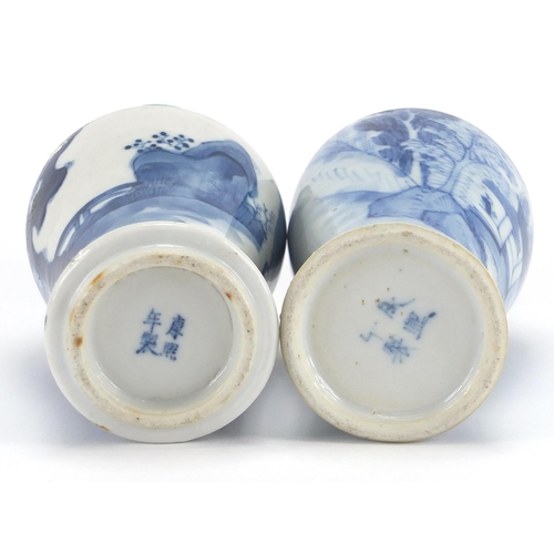 374 - Two Chinese blue and white porcelain baluster vases with flared rims, one hand painted with landscap... 