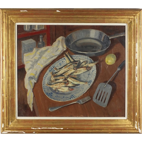 1024 - Manner of Edward Le Bas - Still life sardines, oil on board, mounted and framed, 39.5cm x 34cm