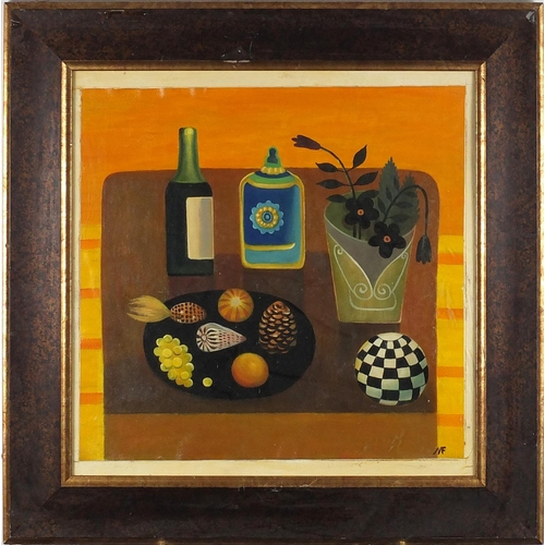 1045 - After Mary Fedden - Still life items on a table, oil on canvas laid on board, framed, 42.5cm x 41cm