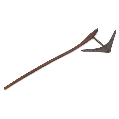 296 - Wooden handled axe with hammered steel head, 87cm in length