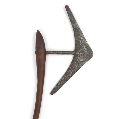 296 - Wooden handled axe with hammered steel head, 87cm in length