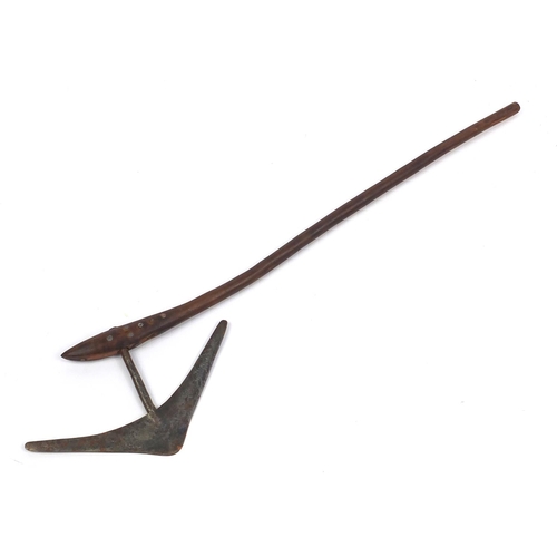 296 - Wooden handled axe with hammered steel head, 87cm in length