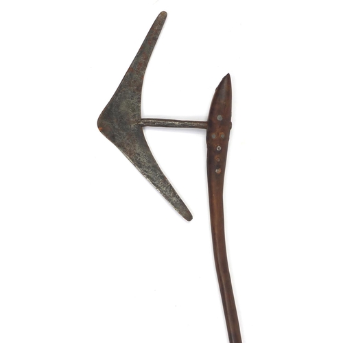 296 - Wooden handled axe with hammered steel head, 87cm in length