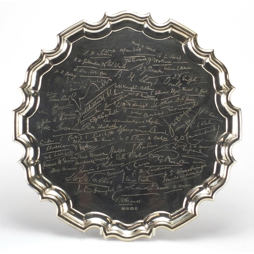 633 - Military interest silver tray engraved with various names including Harold A Cottell and H G Heap, T... 