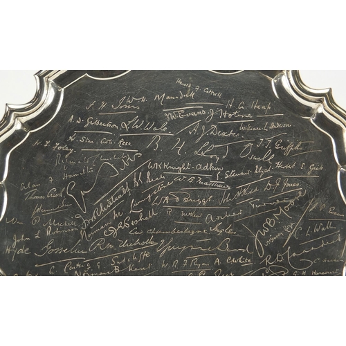 633 - Military interest silver tray engraved with various names including Harold A Cottell and H G Heap, T... 