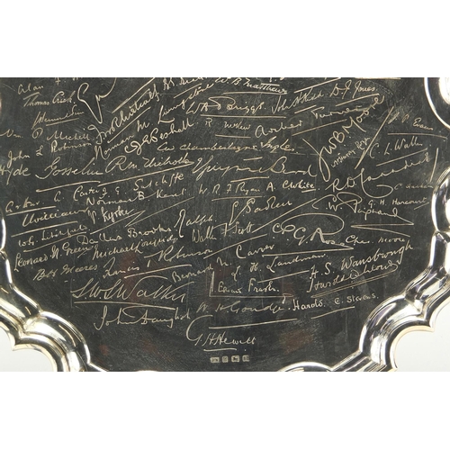 633 - Military interest silver tray engraved with various names including Harold A Cottell and H G Heap, T... 