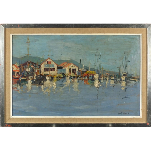 951 - Peter Collins - Moored boats in a harbour, oil on board, label verso, mounted and framed, 60cm x 38c... 