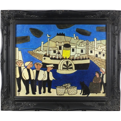 953 - After Julian Trevelyan - Abstract composition, harbour scene, oil and board, framed, 49cm x 39cm