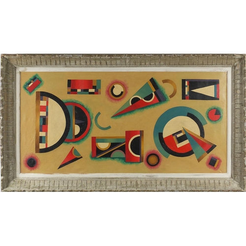 1064 - Abstract composition, geometric shapes, Russian school oil on canvas, inscribed verso, mounted and f... 