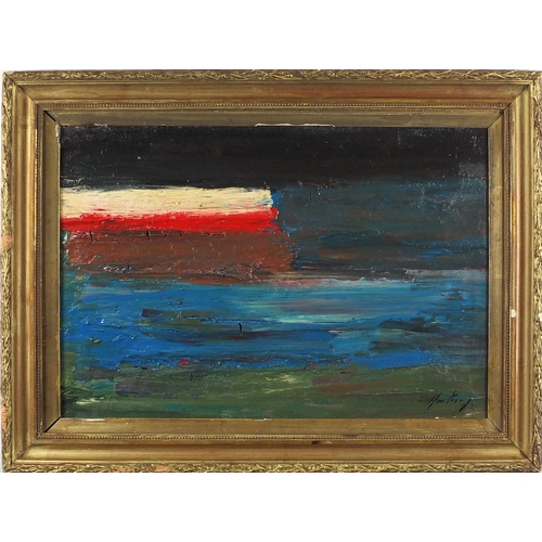 956 - Abstract composition, coastal scene, impasto oil on board, bearing an indistinct signature and label... 