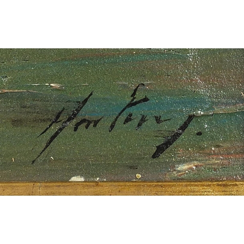 956 - Abstract composition, coastal scene, impasto oil on board, bearing an indistinct signature and label... 