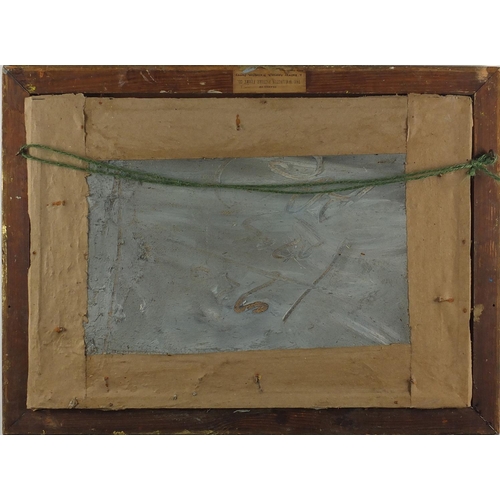 956 - Abstract composition, coastal scene, impasto oil on board, bearing an indistinct signature and label... 