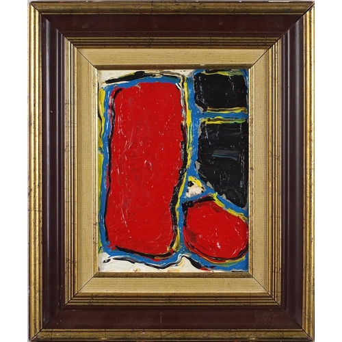 981 - Abstract composition, impasto oil on canvas, inscribed verso, mounted and framed, 23cm x 17cm