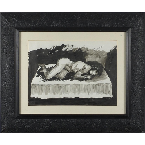 1069 - Manner of Renato Guttuso - Three nude studies, ink and watercolour on paper, all framed, the largest... 