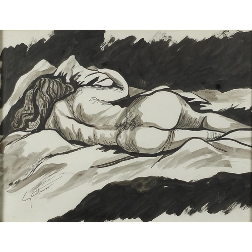 1069 - Manner of Renato Guttuso - Three nude studies, ink and watercolour on paper, all framed, the largest... 