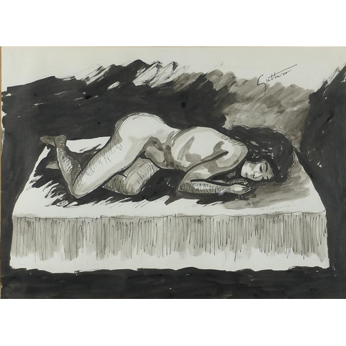 1069 - Manner of Renato Guttuso - Three nude studies, ink and watercolour on paper, all framed, the largest... 