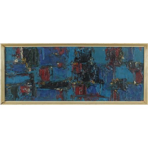 971 - Manner of William Gear - Abstract composition, impasto oil on board, framed, 80cm x 31.5cm