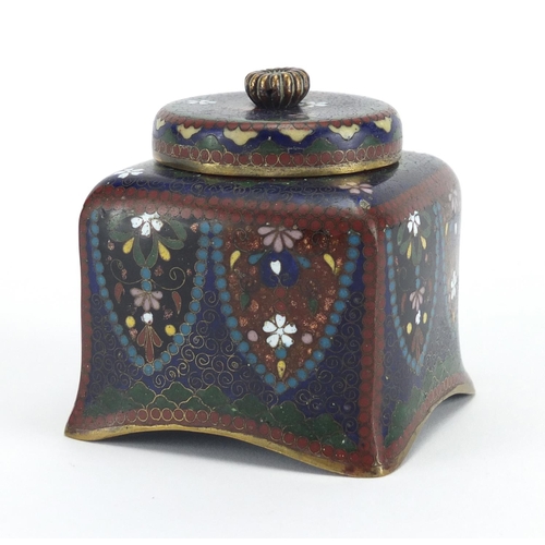 403 - Japanese cloisonné desk inkwell with glass liner, enamelled with flowers, 7.5cm high