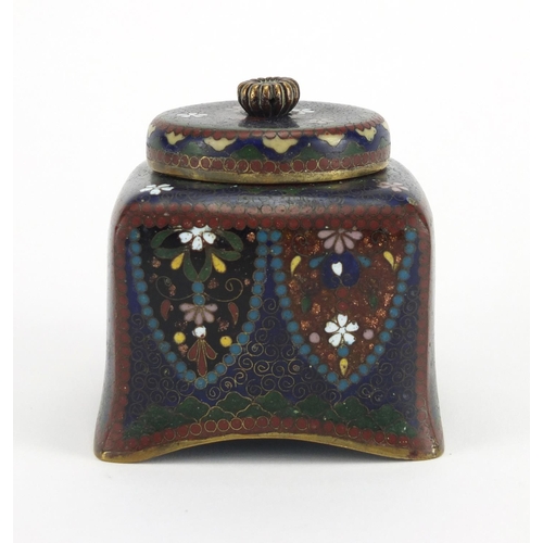 403 - Japanese cloisonné desk inkwell with glass liner, enamelled with flowers, 7.5cm high