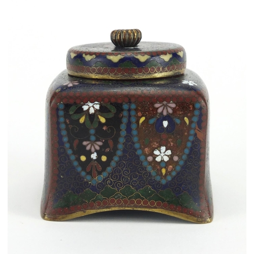 403 - Japanese cloisonné desk inkwell with glass liner, enamelled with flowers, 7.5cm high