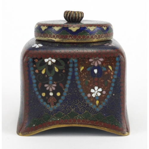 403 - Japanese cloisonné desk inkwell with glass liner, enamelled with flowers, 7.5cm high