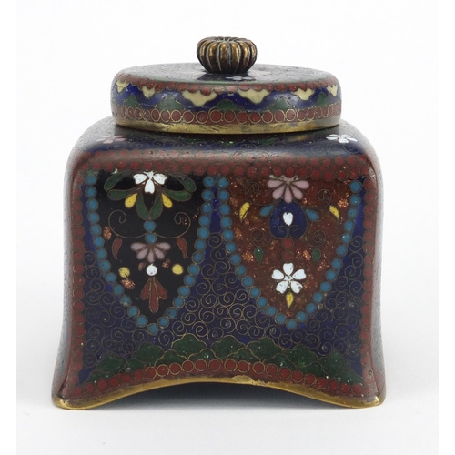 403 - Japanese cloisonné desk inkwell with glass liner, enamelled with flowers, 7.5cm high