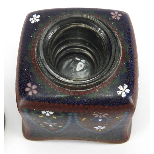 403 - Japanese cloisonné desk inkwell with glass liner, enamelled with flowers, 7.5cm high