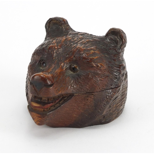 13 - Swiss Black forest carved wooden bears head stamp box, with beaded eyes, 9cm in length