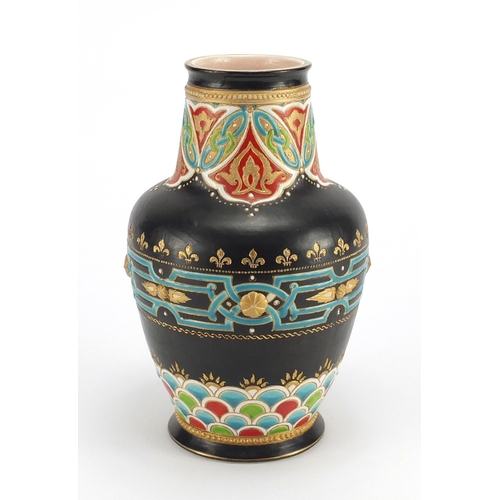 585 - Mettlach pottery vase hand painted with stylised floral motifs, impressed factory marks and numbered... 