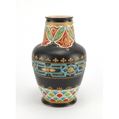 585 - Mettlach pottery vase hand painted with stylised floral motifs, impressed factory marks and numbered... 