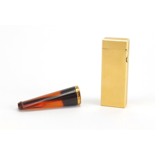 81 - Gold plated Dunhill pocket lighter and cheroot with gold coloured metal mount, both with fitted case... 