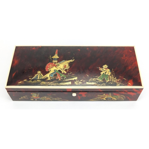 407 - Rectangular Chinese red tortoiseshell and ivory pen box, decorated in the chinoiserié manner, 5cm H ... 