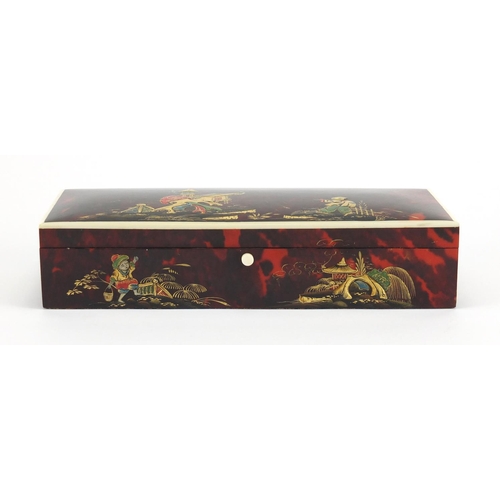 407 - Rectangular Chinese red tortoiseshell and ivory pen box, decorated in the chinoiserié manner, 5cm H ... 