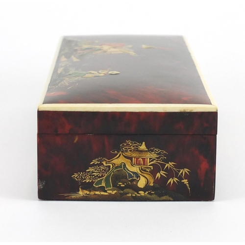 407 - Rectangular Chinese red tortoiseshell and ivory pen box, decorated in the chinoiserié manner, 5cm H ... 