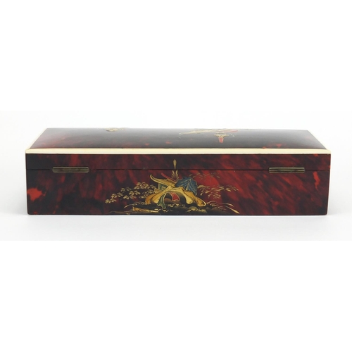 407 - Rectangular Chinese red tortoiseshell and ivory pen box, decorated in the chinoiserié manner, 5cm H ... 