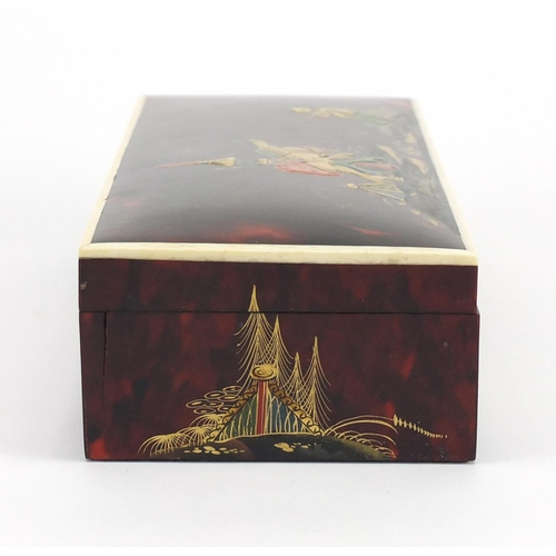 407 - Rectangular Chinese red tortoiseshell and ivory pen box, decorated in the chinoiserié manner, 5cm H ... 